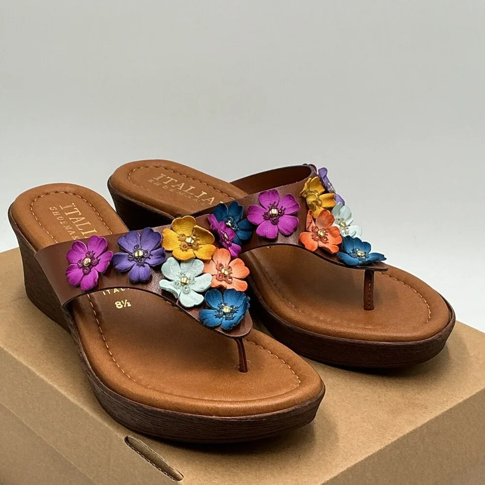 ITALIAN Shoemakers Emina Sandals Women's US 8.5 Brown Floral Slip On Eby4453